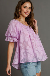 Umgee Full Size Jacquard Round Neck Ruffled Puff Sleeve Blouse Plus Size OutfitFlow
